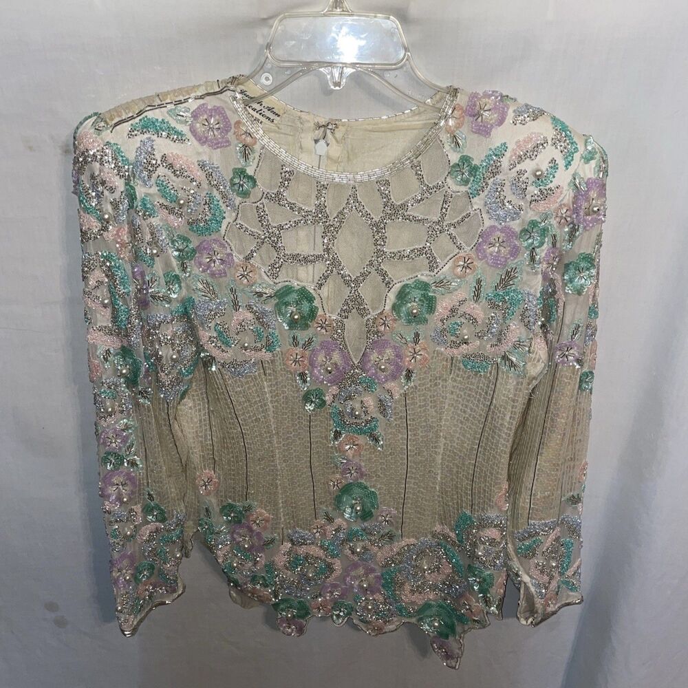 Judith Ann Creations Vintage Dressy Blouse Size Small Ivory Sequined Pearl Silk